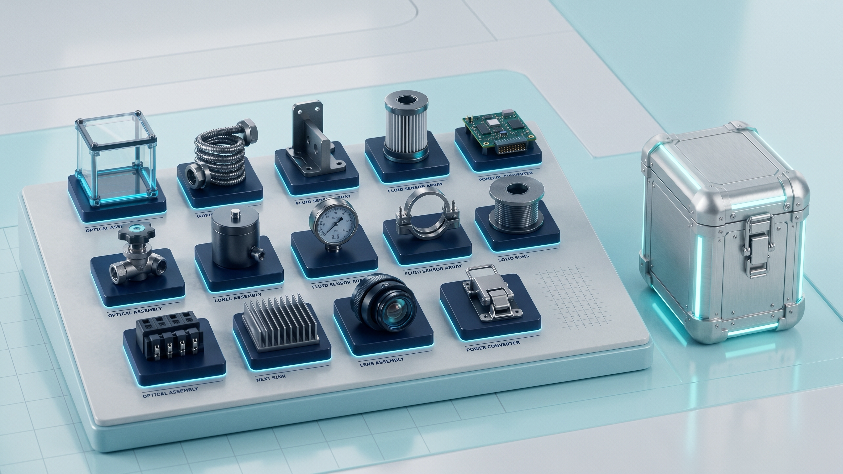 A board of labelled individual components — sensors, connectors, a lens, a power converter — beside one sealed metal case.
