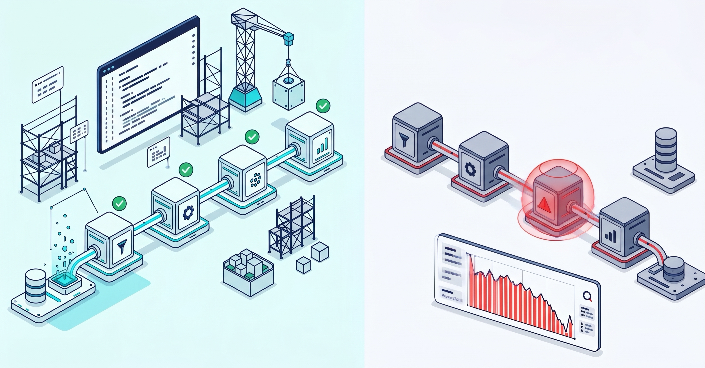 Two isometric pipelines side by side: one running cleanly with green checkmarks, the other stalled at a red warning beside a declining chart.