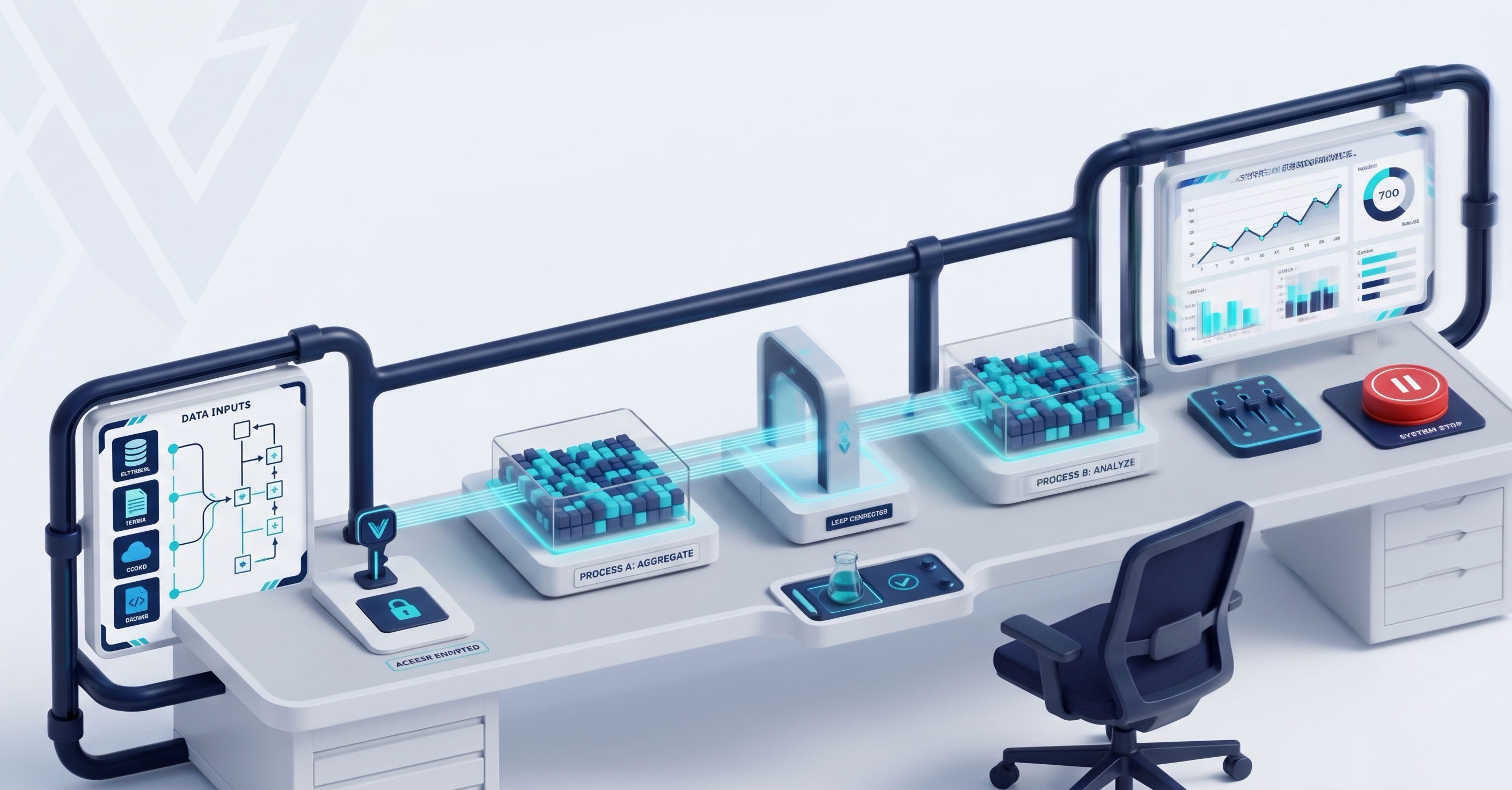 A desk workbench with a locked access panel, a gated connector between two labelled process blocks, and a live performance dashboard.