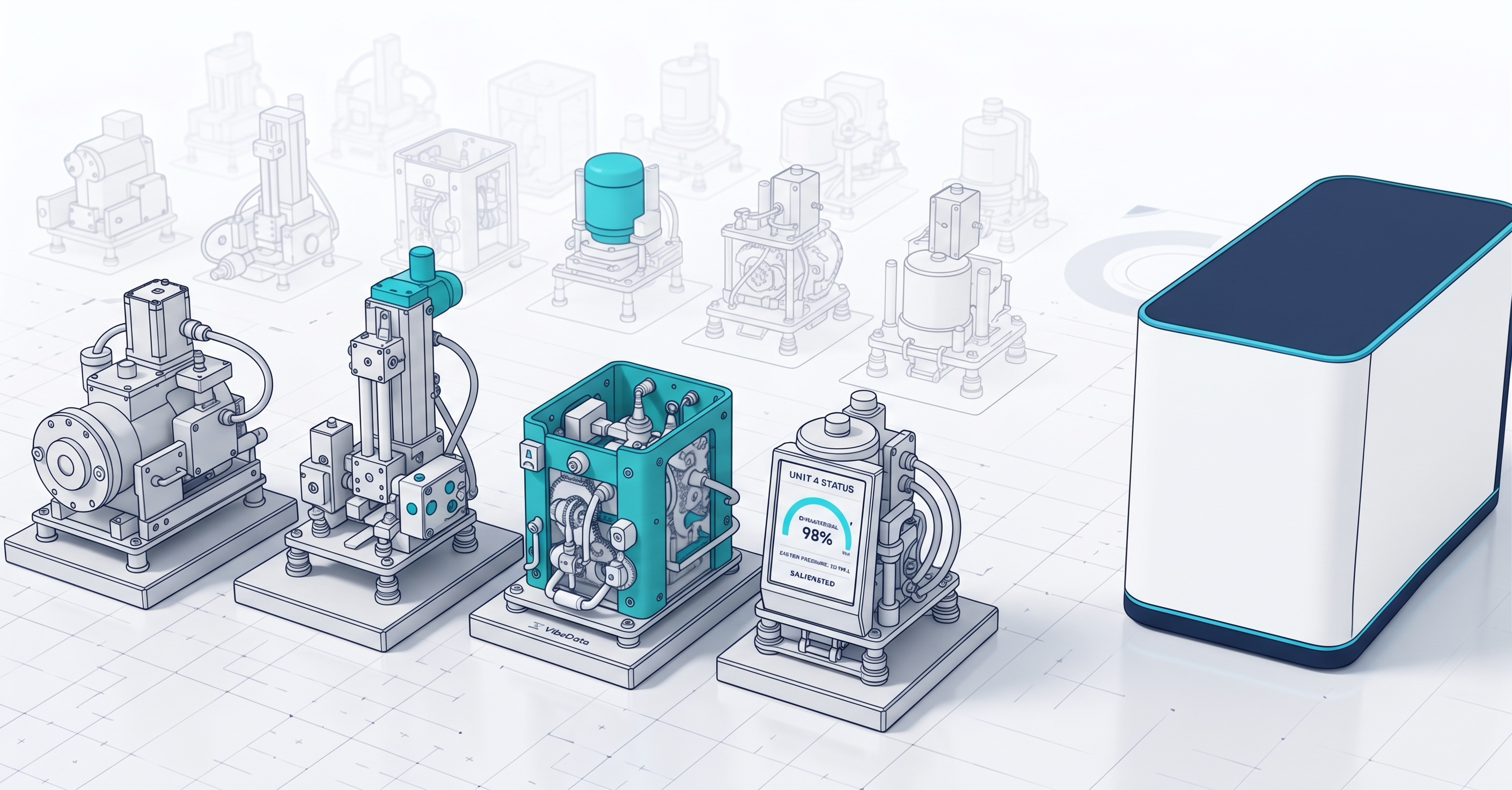 An isometric row of increasingly complex custom-built machines ending in a single sealed unit.